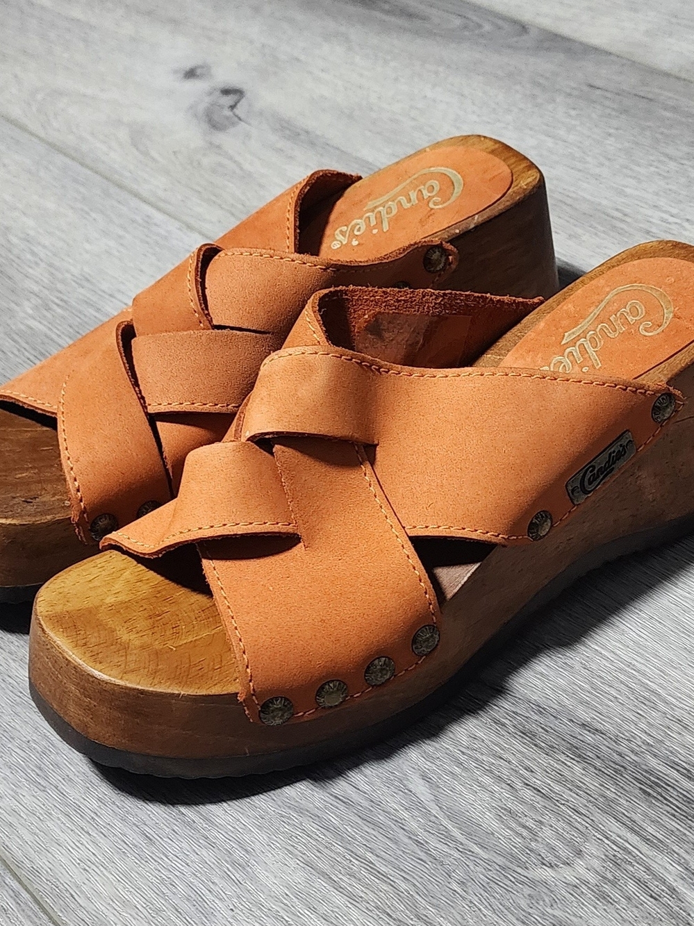 NWOB Vintage Y2K Candies Wood Platform Sandals W/ Orange Leather Straps Size 7